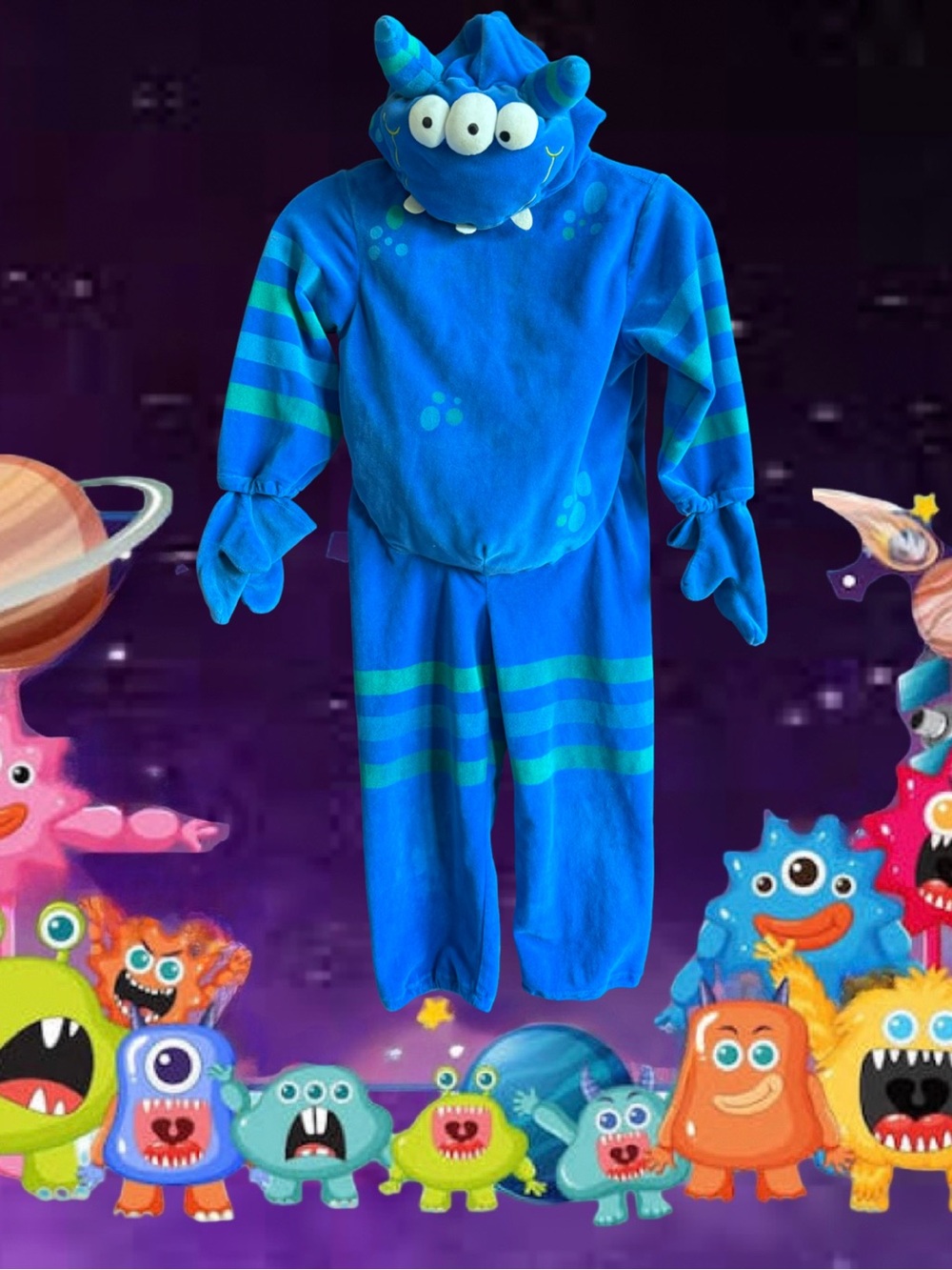Miniwear Blue Monster Hooded One-Piece Kids Costume Size 4T